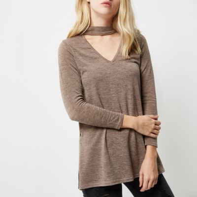 Light brown knit choker top